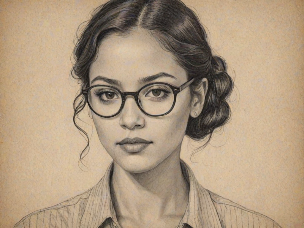Sublime Samantha Logan, pencil sketch, portrait of Captivating woman 1927s in glasses, hair style beatnik, outline, clear lines, fine lines, 8k