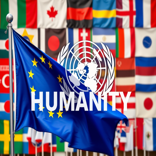 Create an image featuring the European flag prominently waving alongside the UN emblem, with the word "HUMANITY" in bold letters and a background made up of various international flags, captured in a high-resolution setting using a DSLR camera with a 50mm lens, f/1.8 aperture, ISO 200, and a vibrant color palette in a wide-angle view.