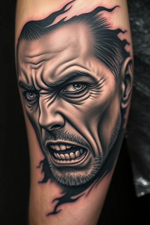 Realistic grayscale tattoo titled "Timeless Portrait" depicting a hyper-detailed human face with intense emotions, utilizing shading techniques to create depth and dimension on the skin
