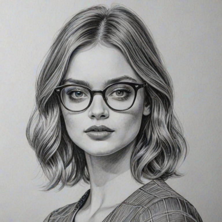 Superb Bella Heathcote, pencil sketch, portrait of Exquisite woman 1972s in glasses, hair style beatnik, outline, clear lines, fine lines, 8k