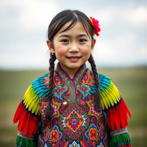 A beautiful Mongolian girl, wearing colorful bird clothing with vibrant colors