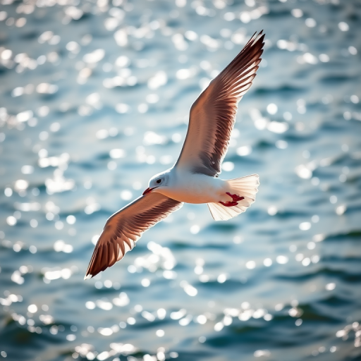 A close-up photo of a seagull in mid-flight over a shimmering water background, using a DSLR camera, aperture f/5.6, shutter speed 1/1000s, ISO 400, 50mm lens, while capturing sharp details and vibrant colors.
