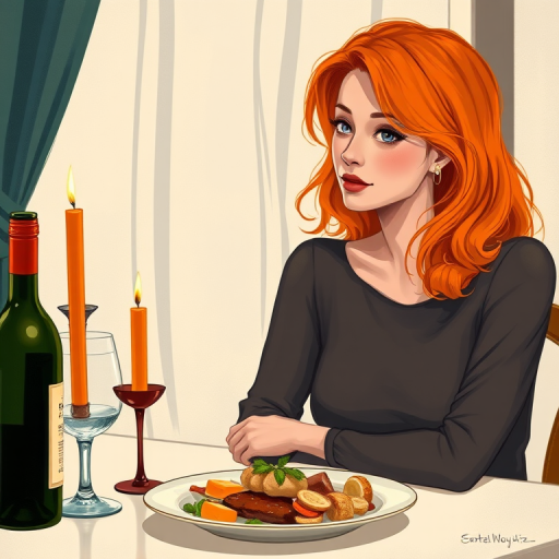 Create an artistic illustration of a woman with orange hair sitting at a dinner table, featuring a plate of food in front of her, with two candles and a bottle of wine visible, using a DSLR camera with a 50mm lens, f/1.8 aperture, 1/60 sec shutter speed, soft natural lighting, and a slightly blurred background for depth.