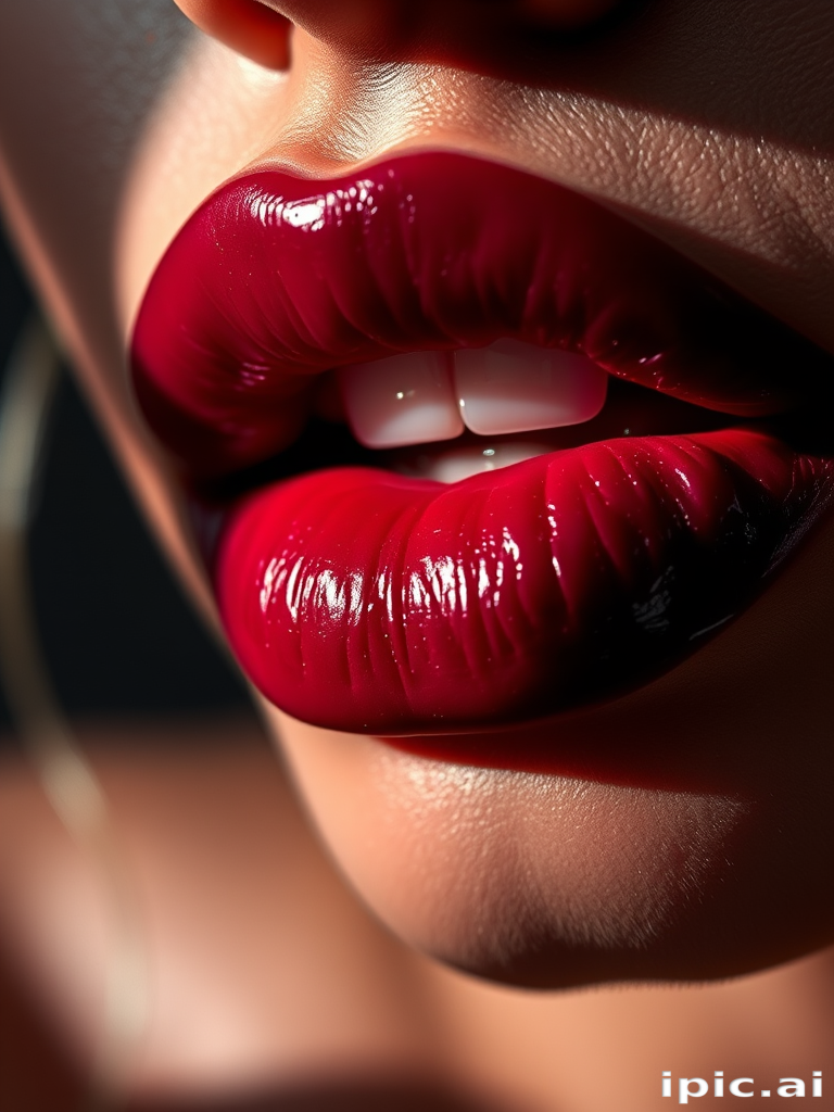 Captivating shot of deep plum lips with a velvet finish, accentuating rich pigmentation and smooth application, photographed in dramatic lighting