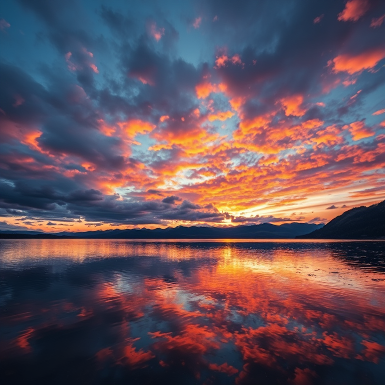 A tranquil lake with a stunning sunset reflecting colorful clouds, mountains in the background, captured with a Canon EOS R5, 24mm lens, aperture f/8, ISO 100, shutter speed 1/60s, landscape orientation.