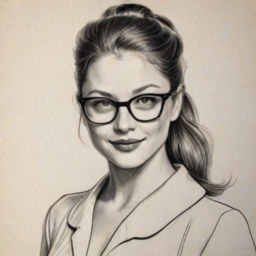 Fetching Melissa Benoist, pencil sketch, portrait of Enticing woman 1950s in glasses, hair style beatnik, outline, clear lines, fine lines, 8k
