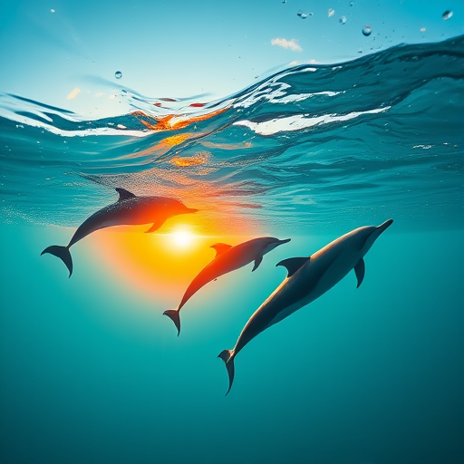 capture a wide-angle shot of dolphins swimming in clear blue water at sunset with a Canon EOS R5, aperture f/8, shutter speed 1/400s, ISO 200, using a polarizing filter for enhanced colors and reduced glare