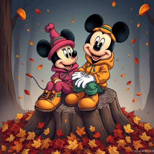 create a cartoon style of Mickey and Minnie wear Fall theme colored sweat suits with timberland boots and Bernie hats sitting together on a big tree stump surrounded by large color pile of raked leaves