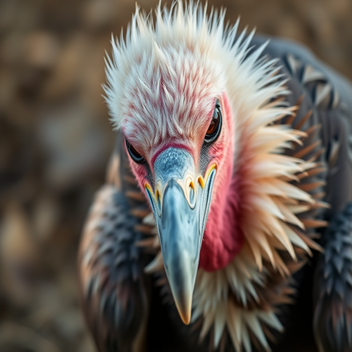 capture a close-up of a majestic vulture with detailed feathers and a sharp beak, using a DSLR camera with a 50mm lens, aperture f/2.8, ISO 200, natural lighting, shallow depth of field, taken from eye-level perspective