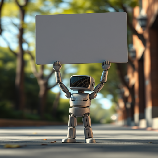 Create a 3D rendering of a small humanoid figure holding a large blank sign above its head, using a Canon EOS R5 camera with a 50mm lens, aperture set to f/2.8, ISO 100, shot in natural lighting from a low angle view with a slight vignette effect for depth.