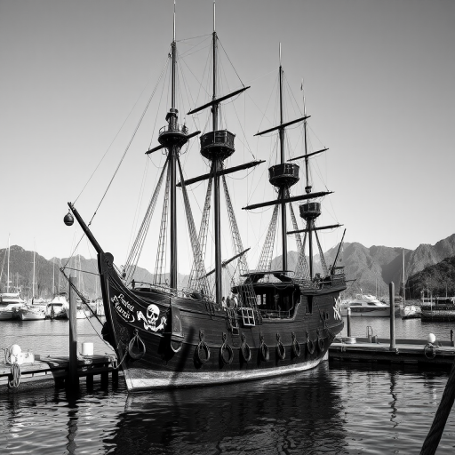 high-resolution black and white photograph of a pirate ship docked at a harbor with mountains in the background, shot with a Canon EOS R5 at f/8, ISO 100, 1/200 sec, from a wide-angle view at eye level, using natural light for enhanced contrast and depth.