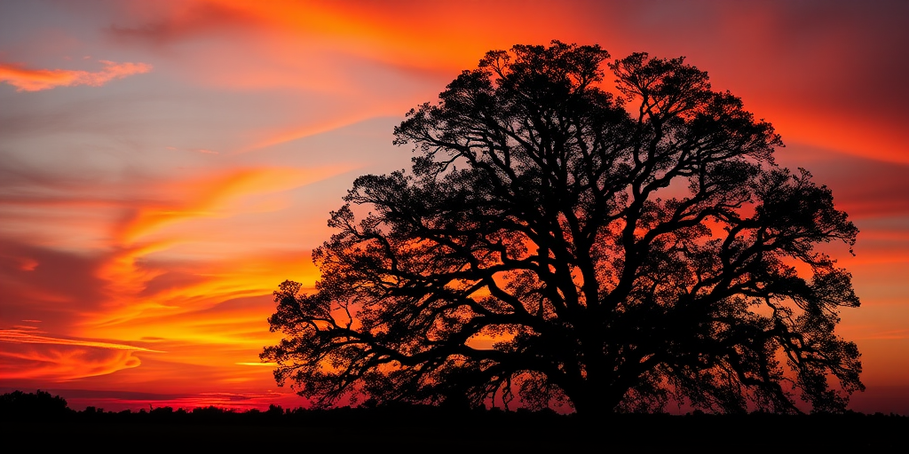 Capture a high-resolution silhouette of a tree against a vibrant sunset with a Canon EOS R5, 24mm lens, f/8 aperture, ISO 100, using a standard wide-angle view to enhance color contrast and detail.
