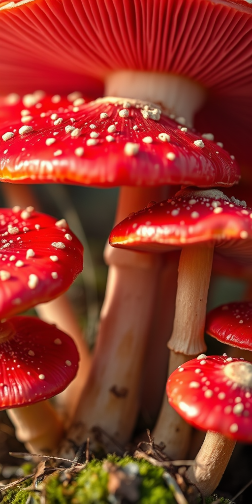 Create a high-resolution digital illustration of vibrant red mushrooms with intricate details, captured using a DSLR camera with a 50mm lens at f/2.8, in a close-up perspective with natural lighting to enhance the colors and textures.