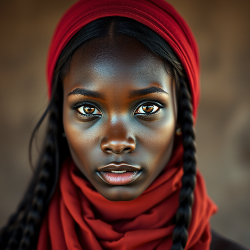 Create a portrait of a young Zulu woman with long, dark hair and captivating hazel eyes. She is wearing a red headscarf and a matching scarf draped gracefully around her neck. The background is softly blurred, focusing attention on her serene and natural expression. The overall color palette is muted and warm, enhancing the intimate and authentic feel of the portrait.