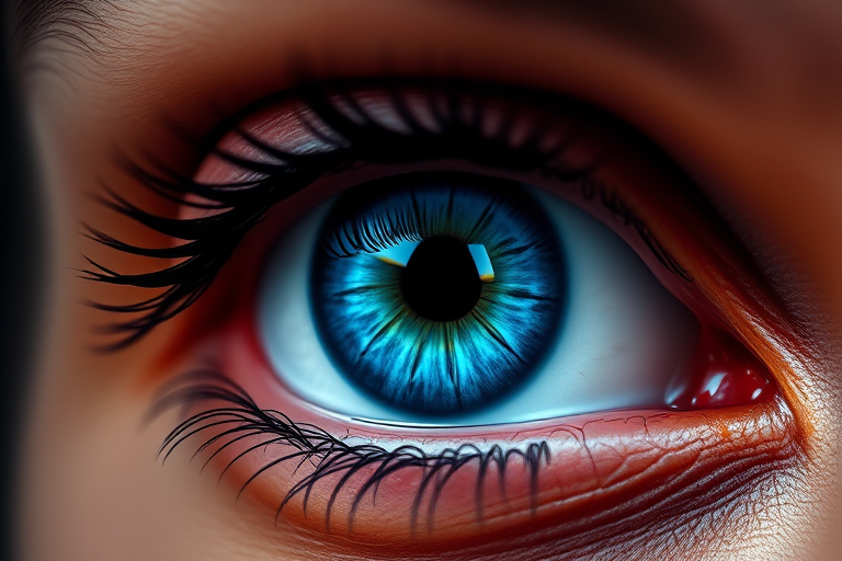 Create a vibrant, high-contrast digital illustration of a stylized eye with a blue iris and a black pupil, using a Canon EOS R5 with a 50mm f/1.2 lens, aperture set to f/2.8, ISO 100, and a soft focus background for enhanced depth.