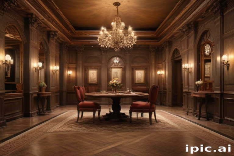 Elegant Dining Room Decorated with Rich Wood and Crystal Chandelier