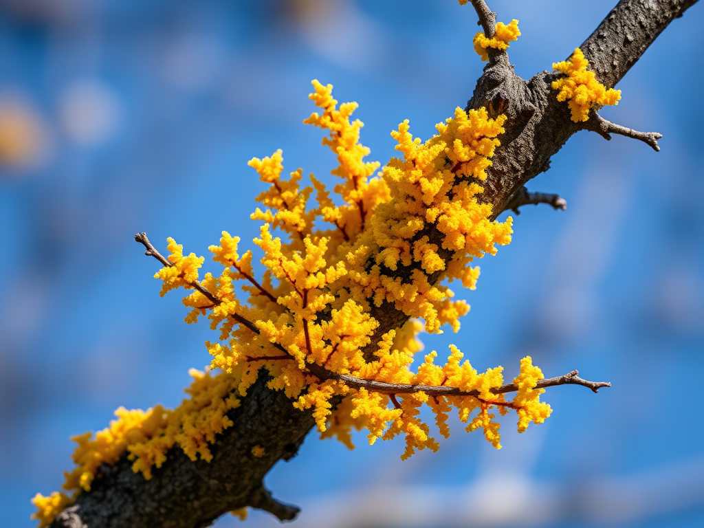 yellow lichen on tree branch with blue sky background, macro shot, f/2.8 aperture, 1/250 sec shutter speed, ISO 100, DSLR camera, natural light, close-up view