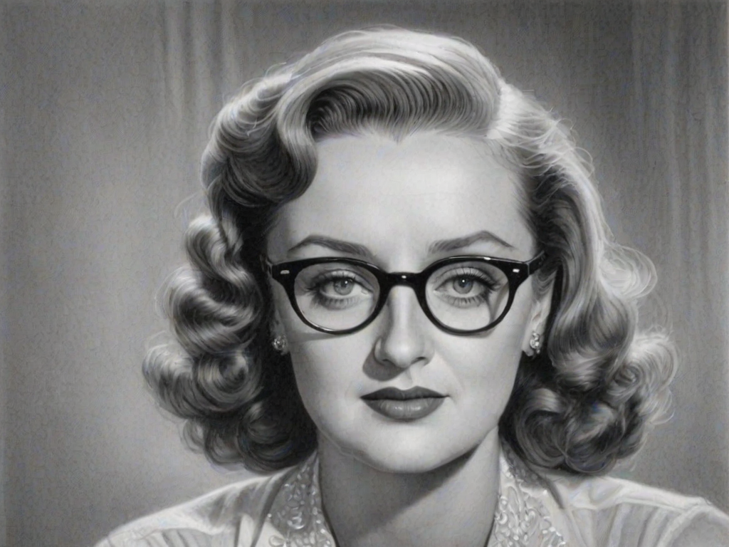Charming Bette Davis, pencil sketch, portrait of Enchanting woman 1941s in glasses, hair style beatnik, outline, clear lines, fine lines, 8k