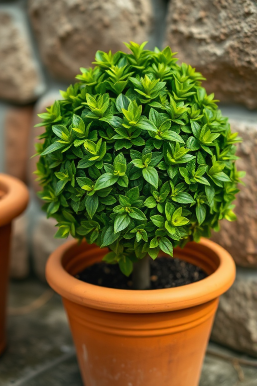 A lush green topiary in a rustic terracotta pot, captured with a DSLR camera at f/4 aperture, 1/125 sec shutter speed, ISO 100, in natural light from a soft angle, emphasizing the texture of the leaves and pot.