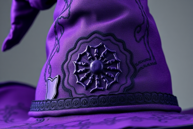 Create a highly detailed vector illustration of a purple witch's hat with intricate patterns and textures, using a macro lens, f/2.8 aperture, 50mm focal length, soft lighting, and a neutral background to enhance clarity and color vibrancy.