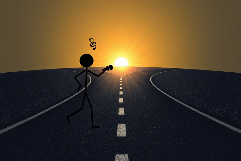 Create a high-resolution digital illustration of a stick figure singing into a microphone with musical notes around it, positioned on a winding black road leading to a bright sunburst at the horizon, use a Canon EOS R5 with a 50mm f/1.2 lens, aperture set to f/8, ISO 100, and a wide-angle perspective for enhanced clarity and depth.
