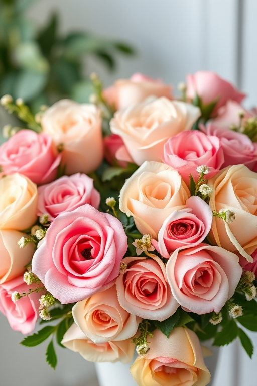 Create a detailed floral wreath composed of varied roses in shades of pink and cream, adorned with greenery and small blossoms, captured with a DSLR camera at f/2.8 aperture, 50mm focal length, in soft natural light, using a shallow depth of field for a blurred background effect.