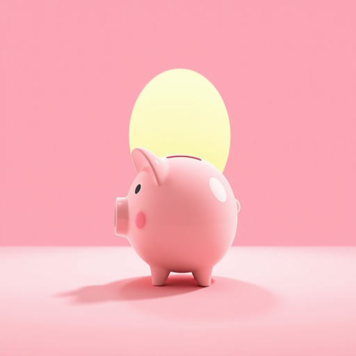 Create a minimalist illustration of a piggy bank with a sun in the background, pastel pink background, soft shadows, high contrast colors, shot with a DSLR camera at ISO 100, aperture f/2.8, 50mm lens, top view for enhanced clarity and detail.