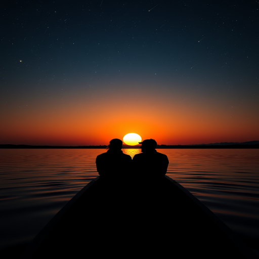 A silhouette of a couple in a boat during sunset with a large sun on the horizon, starry sky, and shooting stars, captured with a DSLR camera at f/8, ISO 100, 1/200s, in portrait mode to enhance depth and color vibrancy.