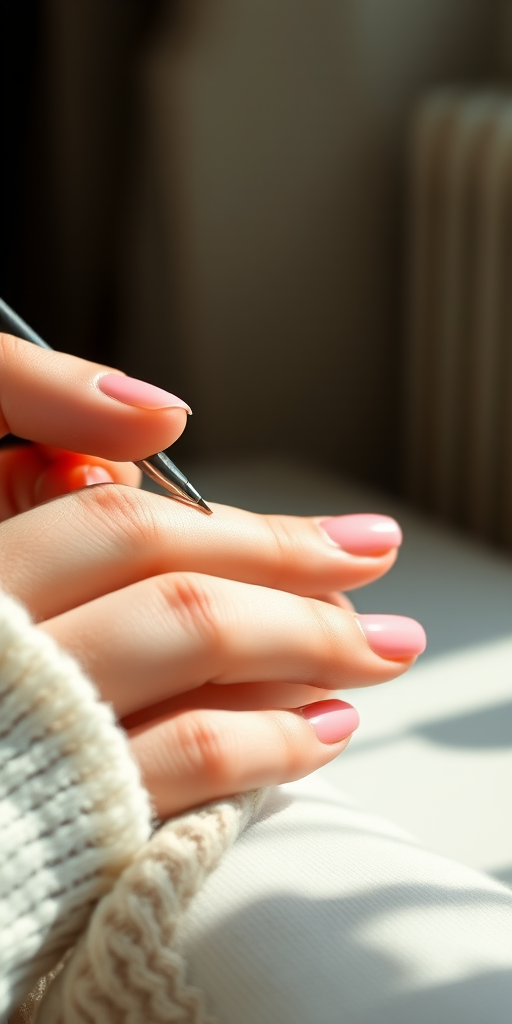 Close-up shot of a person's hands applying nail polish with soft natural lighting, aperture f/2.8, shutter speed 1/60s, ISO 200, 50mm lens, DSLR camera, shallow depth of field.