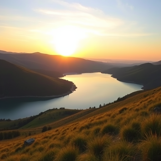 Create a detailed image of a serene landscape at sunrise with rolling hills and a calm lake, captured with a DSLR camera at 50mm focal length, f/8 aperture, ISO 100, using a wide-angle lens for a panoramic view, and a vibrant color style to enhance the natural beauty.