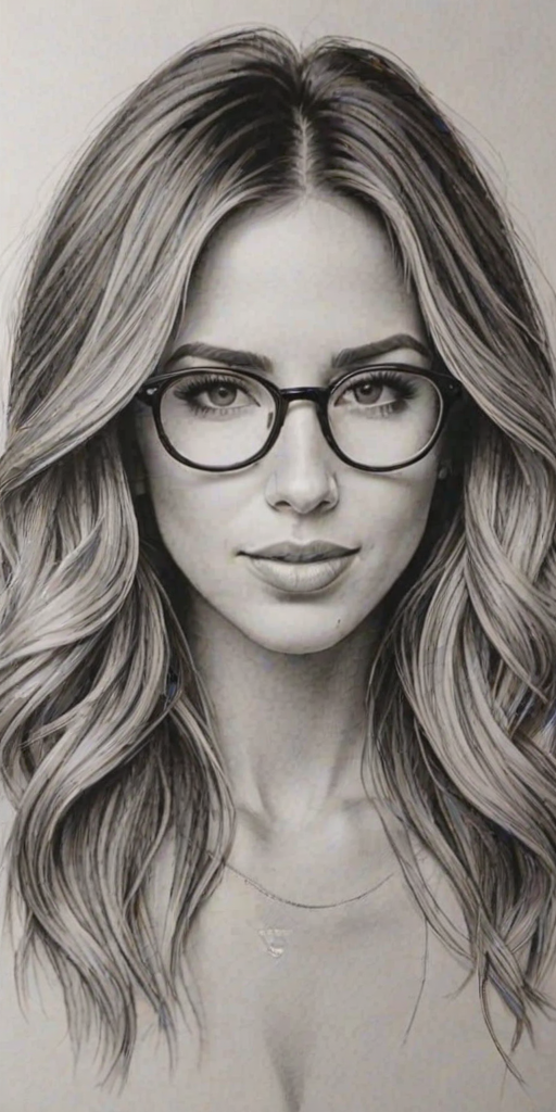 Pleasing Kaitlyn Bristowe, pencil sketch, portrait of Gorgeous woman 1979s in glasses, hair style beatnik, outline, clear lines, fine lines, 8k