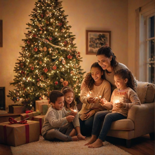 Warmly lit photo of a family decorating a Christmas tree in a cozy living room, soft glow from twinkling lights illuminating their smiles, with the scent of pine and cinnamon filling the air.