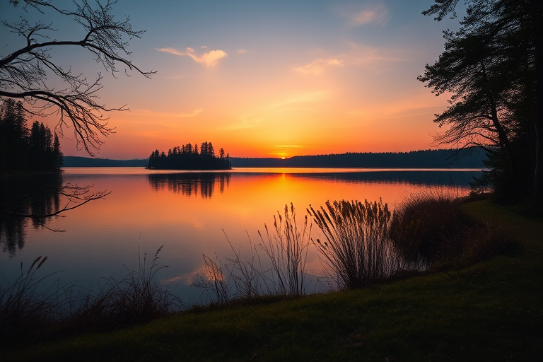 Create a high-resolution image of a serene landscape featuring a sunset over a tranquil lake surrounded by trees, using a DSLR camera with a 50mm lens, aperture set to f/2.8, ISO 100, and a slow shutter speed to capture smooth water reflections, shot from a low angle view to emphasize foreground elements.