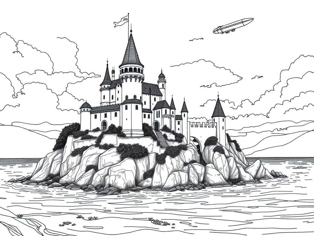 Regenerate a detailed line art illustration of a castle on a rocky island with pointed towers and a zeppelin in the sky, using a 50mm lens, f/8 aperture, ISO 100, natural lighting, and a high-resolution digital format.