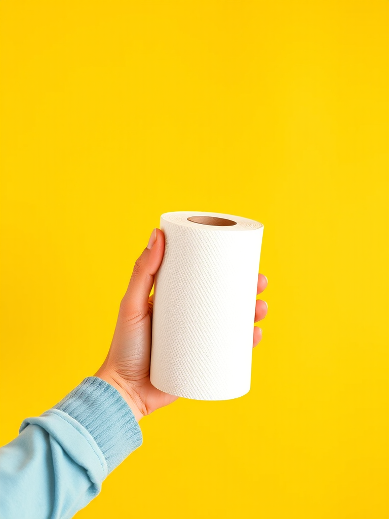 Create a high-resolution vector illustration of a hand holding a roll of white paper towels against a bright yellow background, using a DSLR camera with a 50mm lens, aperture set to f/4, ISO 100, and a shallow depth of field to enhance focus on the hand and paper towel while slightly blurring the background.