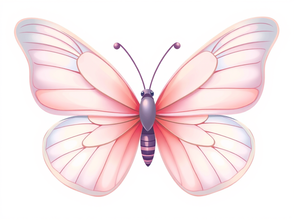 Create an illustration of a butterfly with large wings. The wings should feature a gradient of colors transitioning from soft pink at the center to light blue at the edges. The butterfly should have a delicate appearance, showcasing intricate wing patterns with a smooth finish.