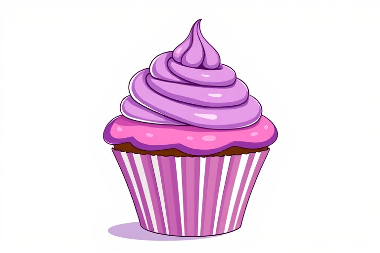 Create an illustration of a cupcake with a purple frosting topped with a swirl, the base should be pink with white stripes, use a digital art style, high-resolution, shot with a Canon EOS R5 at f/2.8, 24mm lens, natural light for a vibrant color palette.