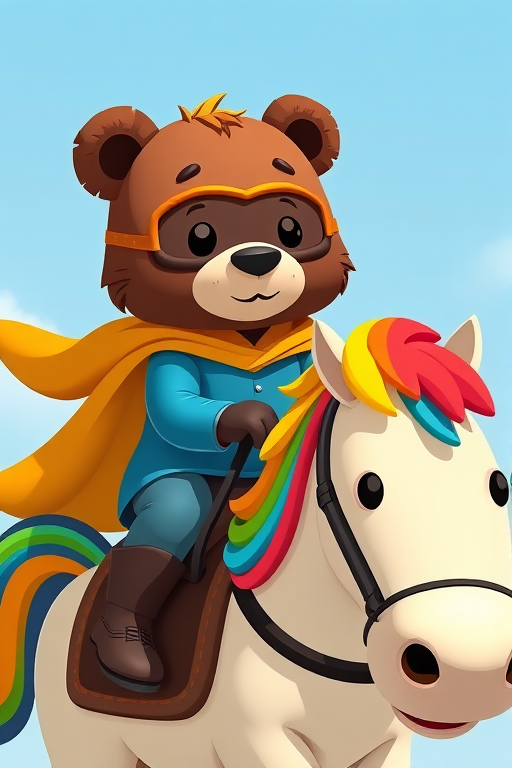 Regenerate an image of a cartoon-style bear riding a horse, vibrant colors, with the bear wearing a brown mask and a yellow cloak, the horse adorned with a rainbow mane, in a playful and whimsical style, using a high-resolution digital camera, 50mm lens, f/2.8 aperture, natural lighting, sharp focus on the characters.