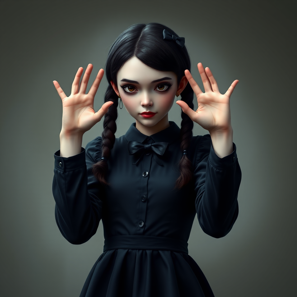 Digital art, full height portrait of Wednesday Addams, standing up with her hands in the air as if in a hold-up. Her dark, gothic attire replaces Alice’s classic blue dress, and she wears black shoes instead of blue. A small, neat black bow adorns her hair, capturing her signature style. The overall composition maintains a whimsical yet eerie tone, similar to Alice in Wonderland, while showcasing Wednesday’s iconic gothic charm.