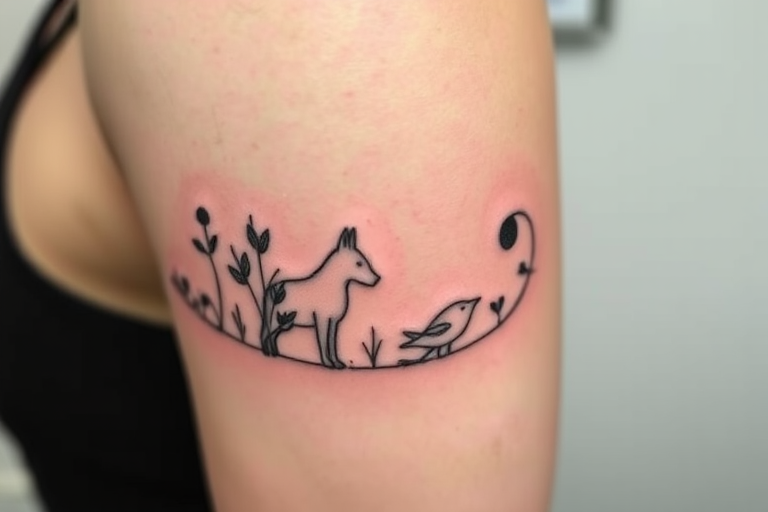 Minimalist line art tattoo named "Whisper of Nature" portraying a single continuous line forming elegant silhouettes of animals and plants with subtle shading and negative space