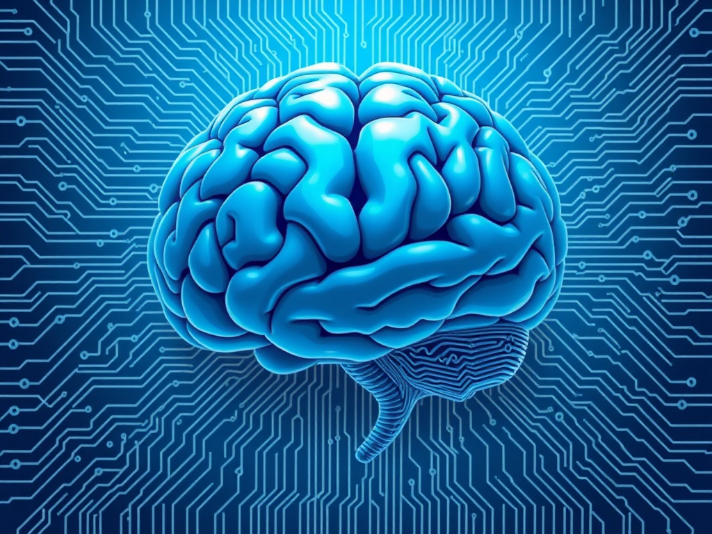 Create an illustration of a blue brain with intricate circuitry patterns in the background, using a 50mm lens, f/1.8 aperture, ISO 100, in a flat lay style with high-resolution digital art.