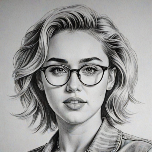 Stunning Miley Cyrus, pencil sketch, portrait of Fetching woman 1939s in glasses, hair style beatnik, outline, clear lines, fine lines, 8k