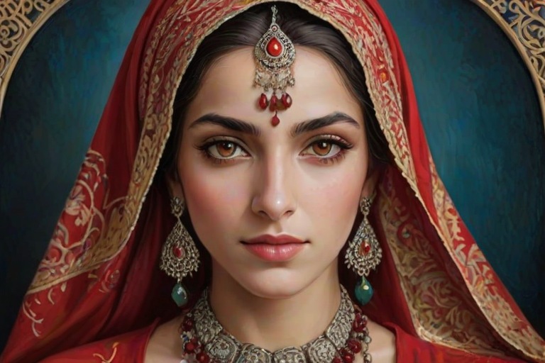 Create a portrait of a beautiful Sephardic woman with striking red eyes and a gentle expression. She is adorned in traditional attire with intricate patterns, including a richly embroidered headscarf and matching garments. Her jewelry includes a delicate headpiece, dangling earrings, and ornate bracelets, all featuring vibrant gemstones and detailed metalwork. The background is soft and warm, enhancing the rich colors of her outfit and jewelry.
