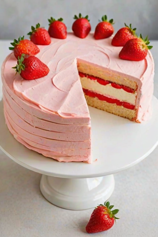 Generate an image of a layered cake on a white cake stand. The cake has a light yellow sponge exterior with a smooth white frosting on top, decorated with fresh strawberry slices. Inside, the cake reveals a pink layer of strawberry-flavored mousse or cream between two layers of sponge cake. The setting is simple with a neutral background.