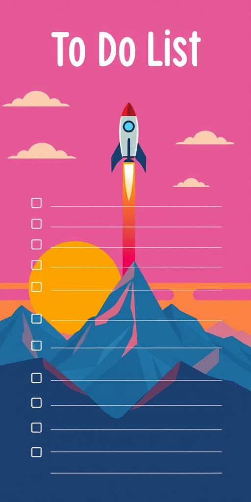 Create a colorful to-do list template featuring a rocket launching above mountains and a setting sun, using a high-resolution digital design with 300 DPI, 16:9 aspect ratio, flat lay view, vector art style, and designed in Adobe Illustrator.