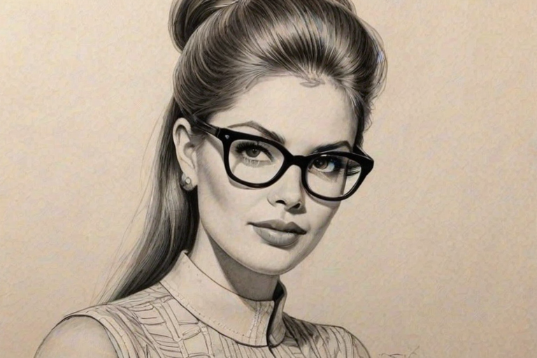 Stunning Amie Harwick, pencil sketch, portrait of Exquisite woman 1960s in glasses, hair style beatnik, outline, clear lines, fine lines, 8k