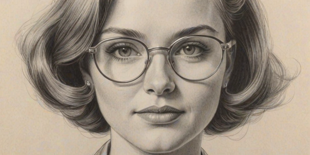Graceful Jessica Hynes, pencil sketch, portrait of Splendid woman 1963s in glasses, hair style beatnik, outline, clear lines, fine lines, 8k