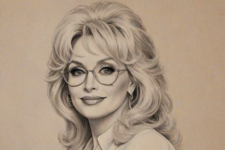 Wonderful Dolly Parton, pencil sketch, portrait of Bewitching woman 1979s in glasses, hair style beatnik, outline, clear lines, fine lines, 8k