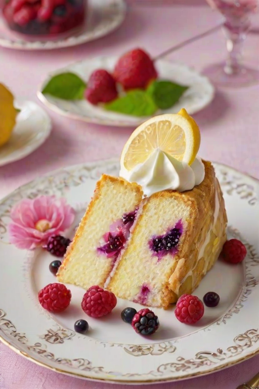 Create an image of a slice of lemon berry cake served on an ornate white plate. The cake should have distinct layers of yellow lemon cream and berry filling, garnished with fresh blackberries and a lemon slice on the side. The background should be a vibrant pink to enhance the presentation.