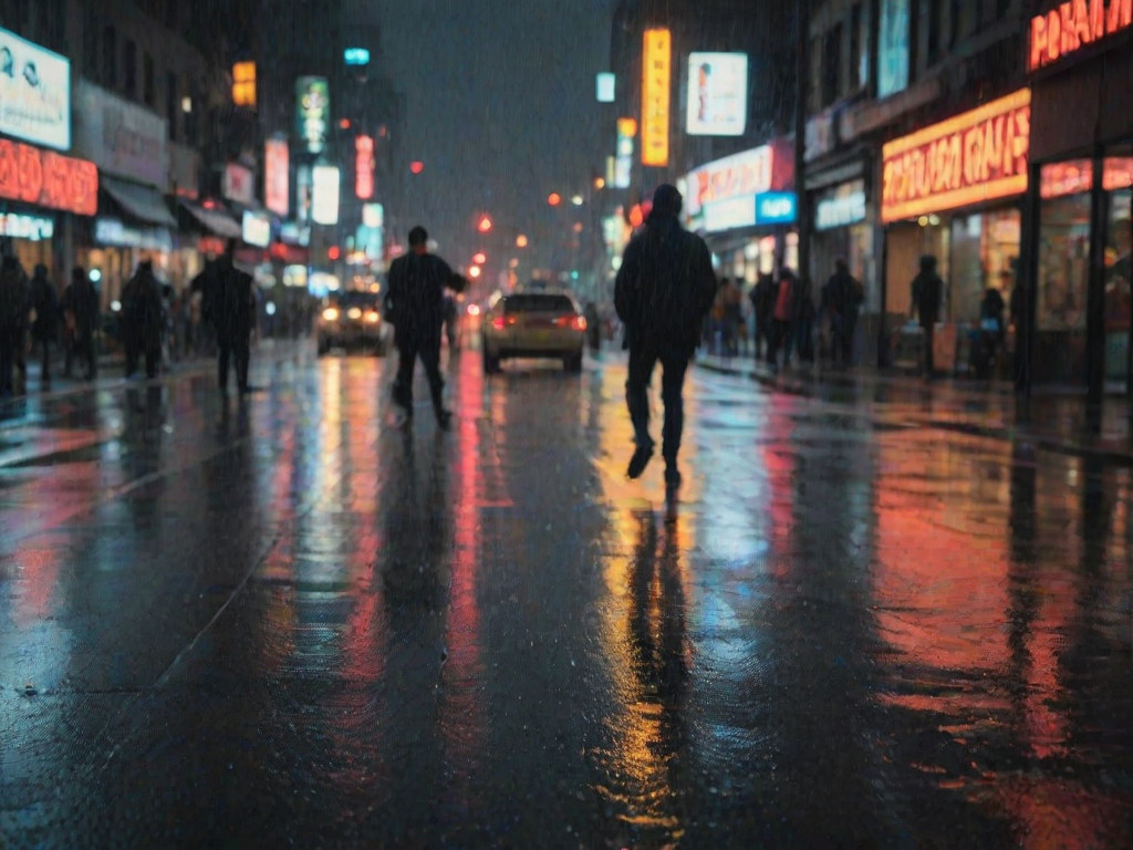 Blurry candid shot of a street photographer capturing a photo of a passerby in the rain, soft reflections of neon signs and car headlights bouncing off the wet pavement, with distant skyscrapers barely visible in the background.